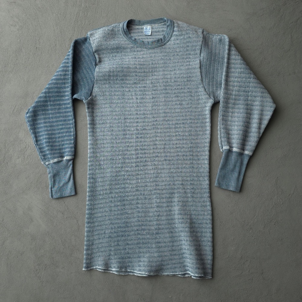 Vintage 80s Thermal Shirt Medium Blue Raschel Knit Base Long Sleeve  Tee